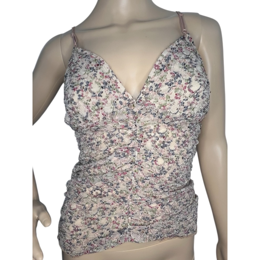 Bisou Bisou Floral Lace Ruched Camisole Adjustable Spaghetti Strap Tank Top